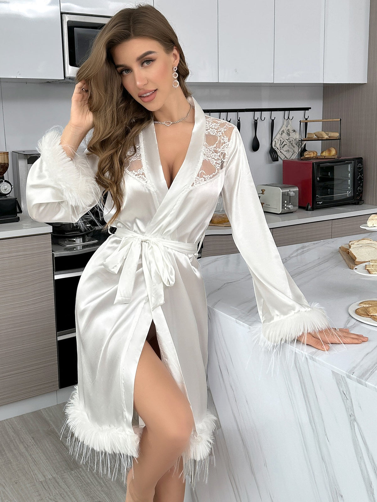 White Satin Feather Robe